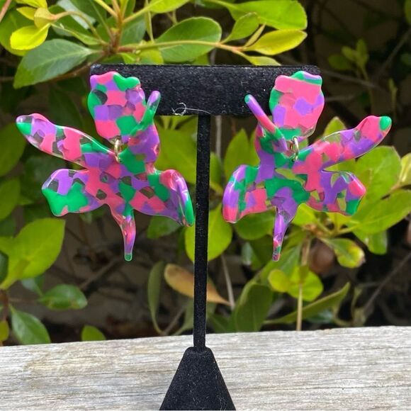 NWOT New Lele Sadoughi Lily Pink/Purple/Green Flower Post Earrings - Picture 4 of 7